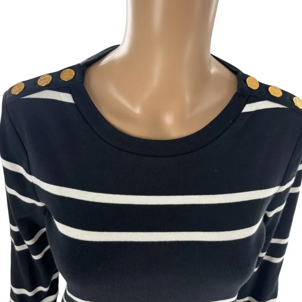 J. Crew Perfect Fit Black Striped Button Shoulder Long Sleeve Top
